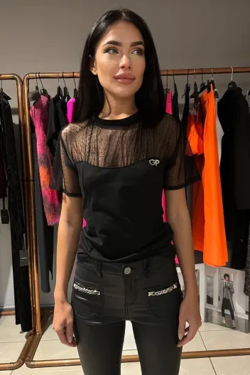 GAELLE PARIS T SHIRT IN TULLE E NERO -40%